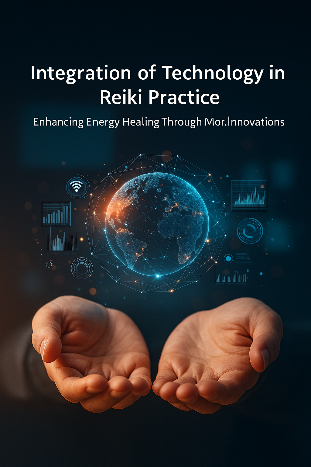 Hands channelling Reiki energy with digital holograms symbolising technology and modern healing integration