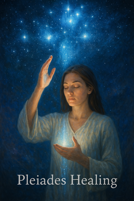 Mystical depiction of a celestial healer connecting with cosmic light energy from the Pleiades star system