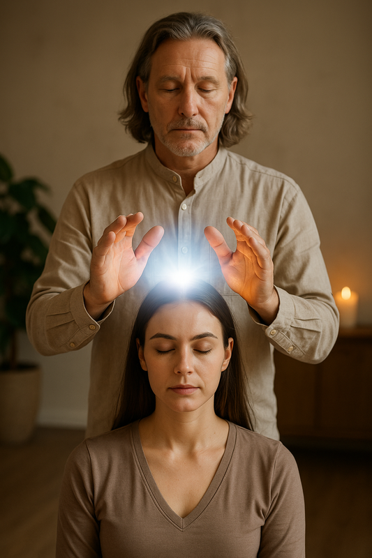 Reiki master performing attunement with glowing energy between hands and student