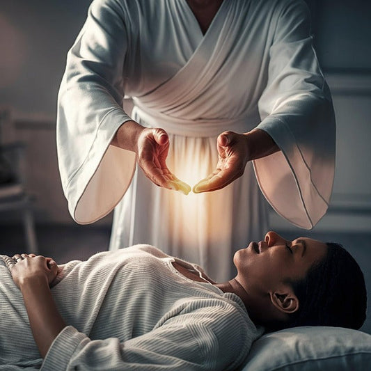 Practitioner demonstrating the History of Reiki Healing with energy transfer session to a recipient