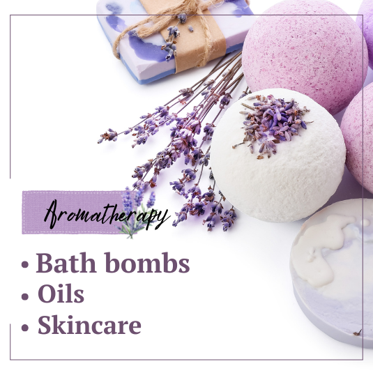 Aromatherapy collection featuring colorful bath bombs, essential oils, and skincare products for relaxation