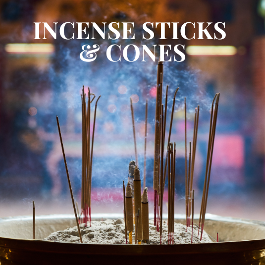 Incense Sticks & Cones collection showcasing various incense arranged in a serene and aromatic setting