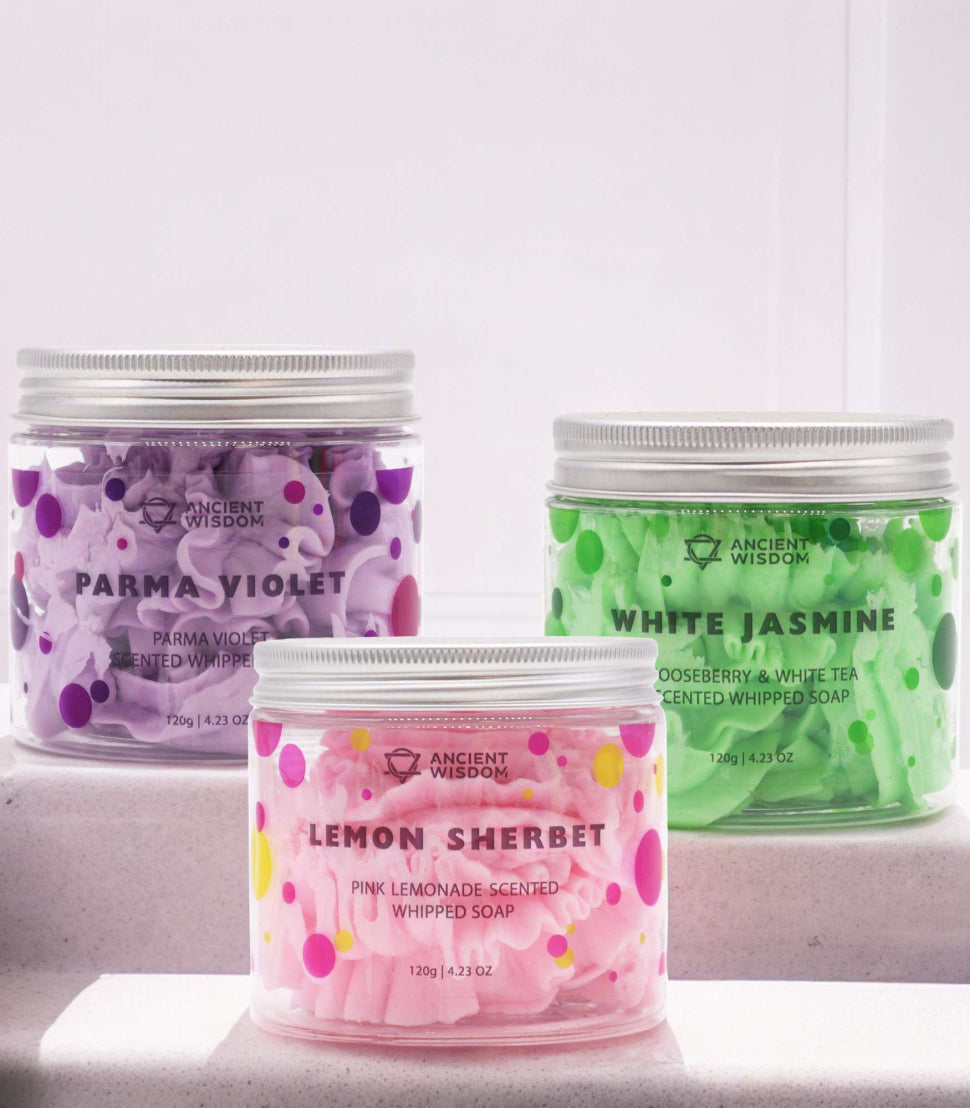 Whipped soap in jar with fluffy texture – vegan and handmade in the UK
