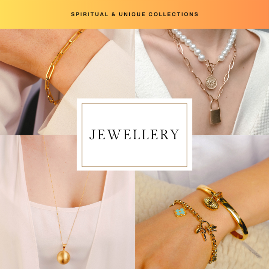 Spiritual Jewellery Collection featuring chakra bracelets, crystal necklaces and gemstone rings for energy healing