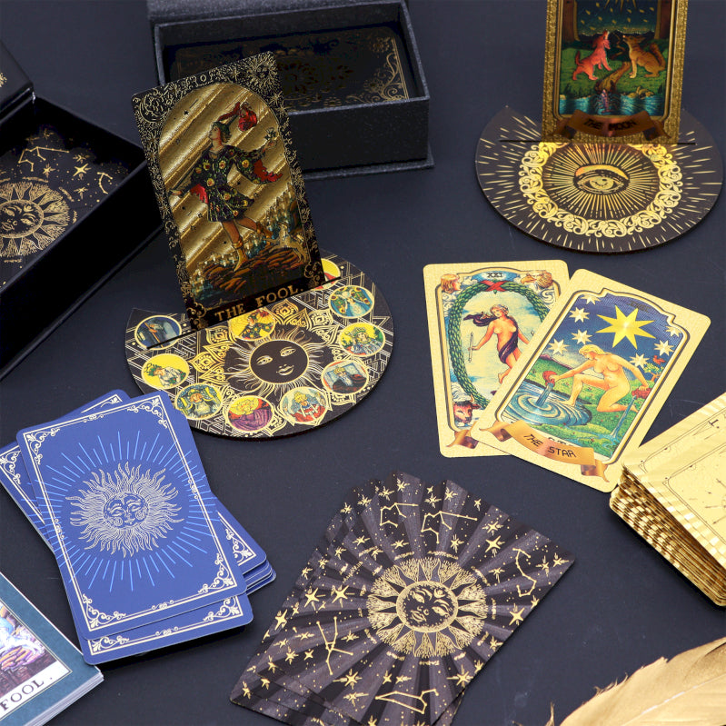 Luxury tarot cards online collection featuring gold foil decks and intricate designs for spiritual insight