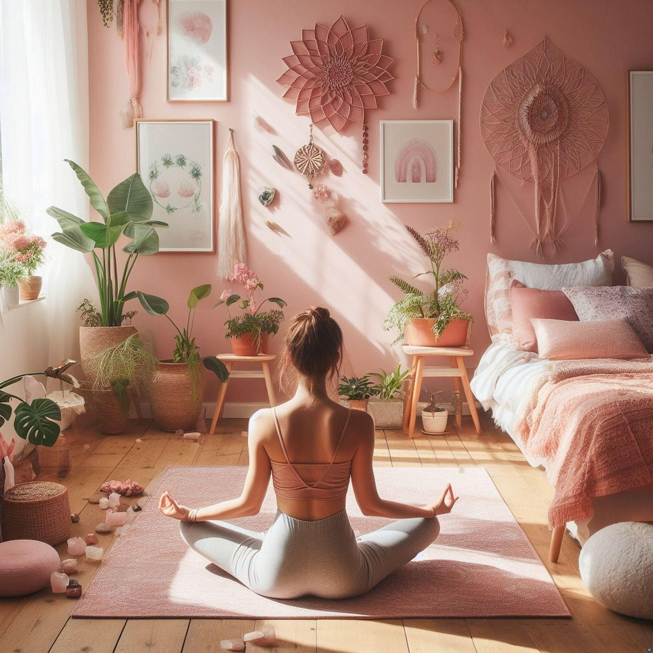 A serene space featuring Kimchi Toki Products, including crystals and candles for healing and wellness.