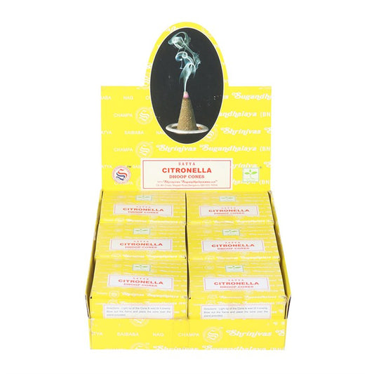 12 packs of citronella dhoop incense cones by Satya in a vibrant display box for a calming fragrance