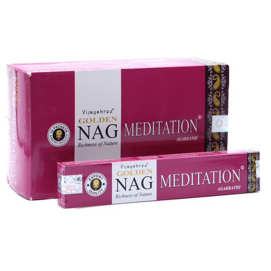 15g Golden Nag incense sticks for meditation with rich aromatic blend in elegant packaging