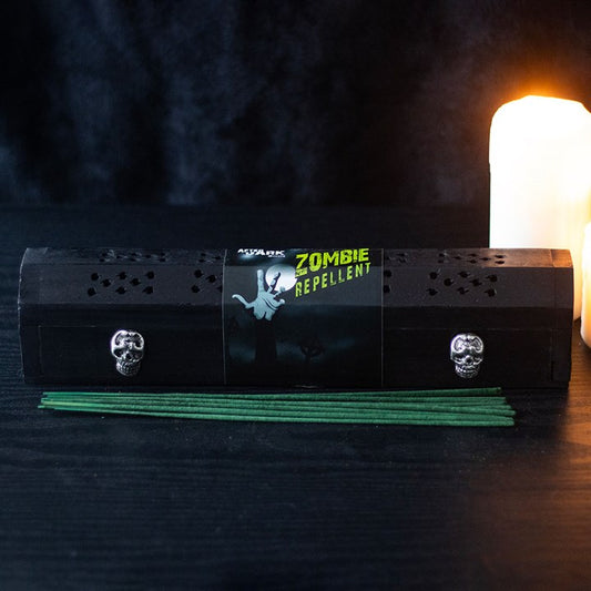 Zombie Repellent incense box set with skull detailing, accompanied by green incense sticks for a spooky Jasmine aroma