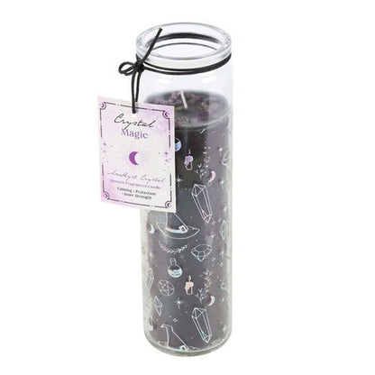 Crystal Witch Jasmine Tube Candle features amethyst chips and enchanting packaging, perfect for spiritual rituals and healing.