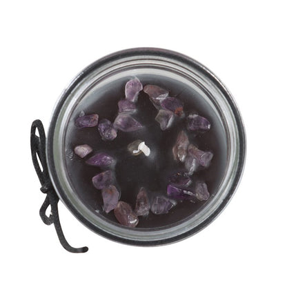 Jasmine Tube Candle featuring amethyst chips and a black ribbon, perfect for enhancing relaxation and spiritual energy