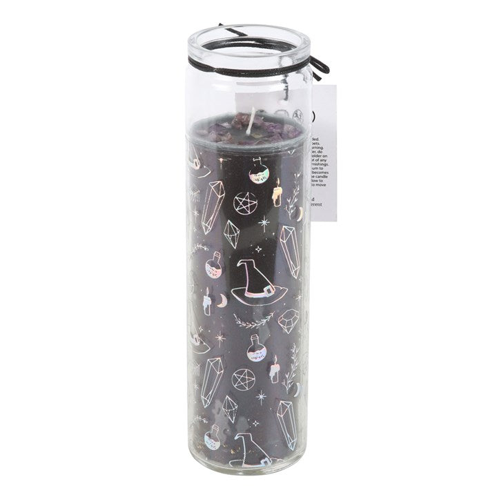 Crystal Witch Jasmine Tube Candle with amethyst chips, featuring a decorative black design, ideal for spiritual healing and ambiance