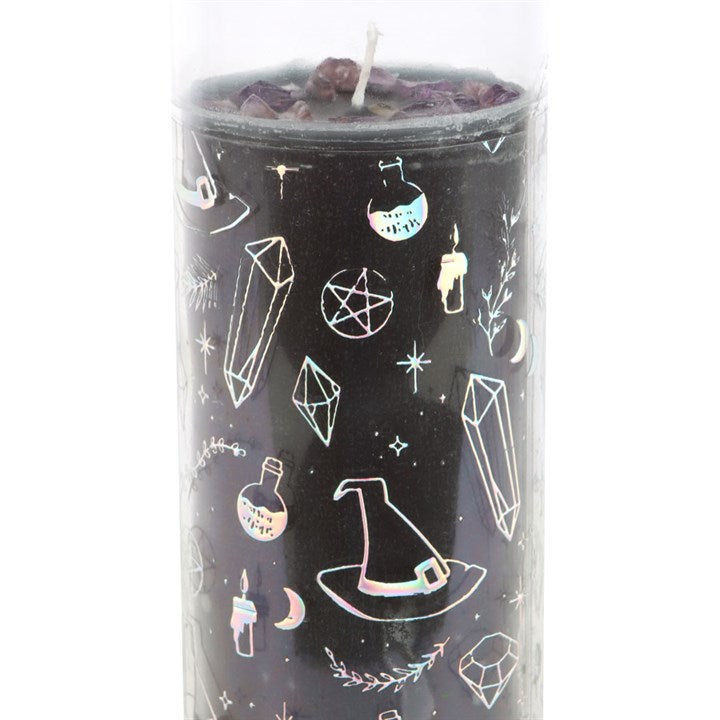 Jasmine Tube Candle featuring amethyst chips and mystical designs, ideal for spiritual rituals and ambiance