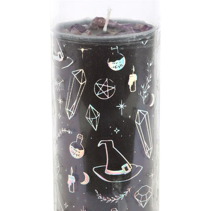 Jasmine Tube Candle featuring amethyst chips and mystical designs, ideal for spiritual rituals and ambiance