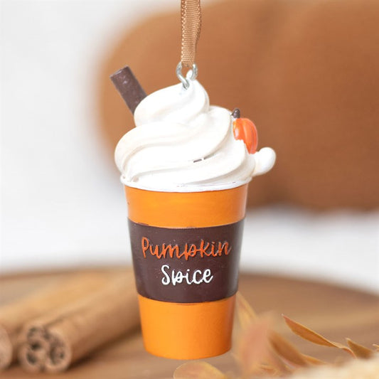 Pumpkin Spice Latte Ornament hanging decor with whipped cream, a cinnamon stick, and a mini pumpkin design