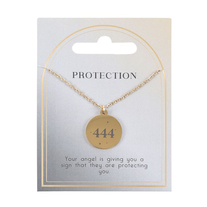 Gold 444 angel number necklace on a protective card, symbolizing angelic guidance and safety from Kimchi Toki
