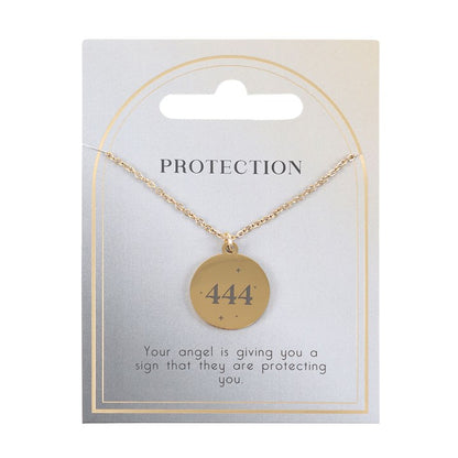 Gold 444 angel number necklace on a protective card, symbolizing angelic guidance and safety from Kimchi Toki