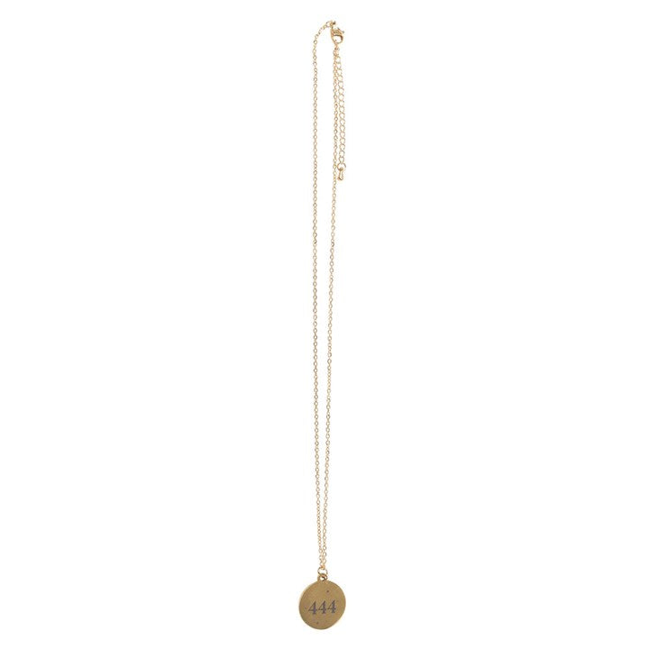 Elegant gold 444 angel number necklace featuring a circular pendant with engraved 444 for spiritual protection