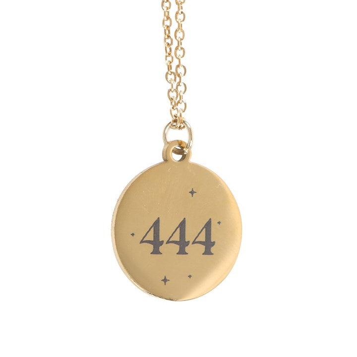 Golden 444 angel number necklace featuring a round pendant engraved with the number 444 for protection and spiritual guidance