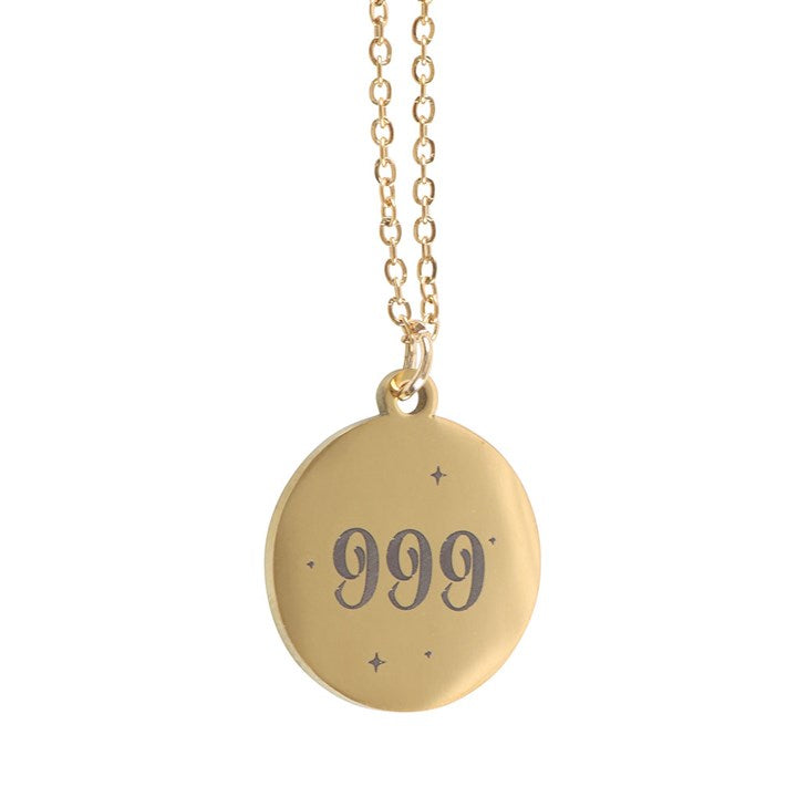 Gold 999 angel number necklace featuring an engraved pendant on a delicate chain, perfect for spiritual enthusiasts
