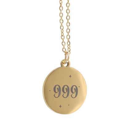 Gold 999 angel number necklace featuring an engraved pendant on a delicate chain, perfect for spiritual enthusiasts