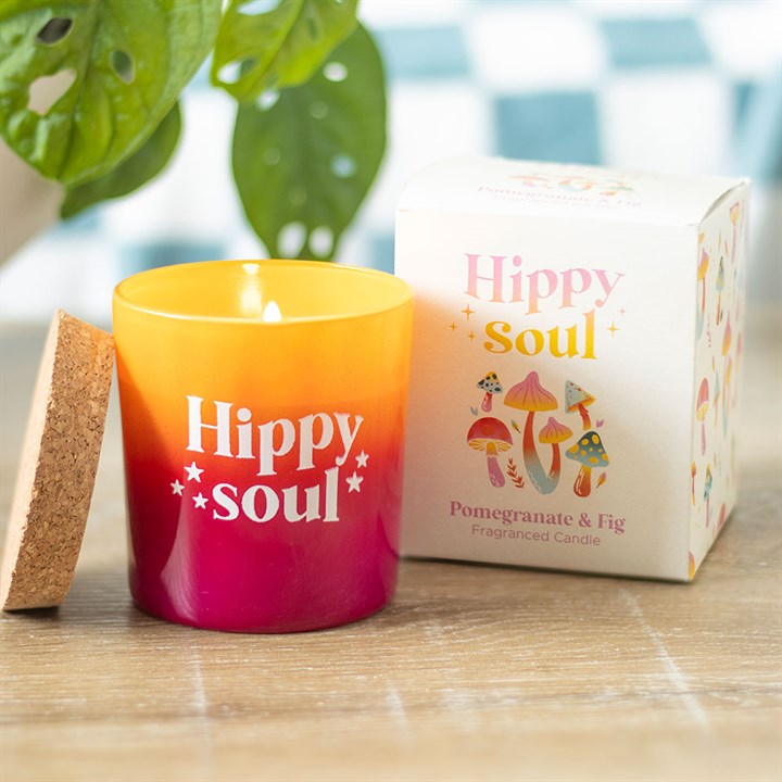 Hippy Soul Pomegranate and Fig candle with colorful design, available online at Kimchi Toki for a fragrant experience