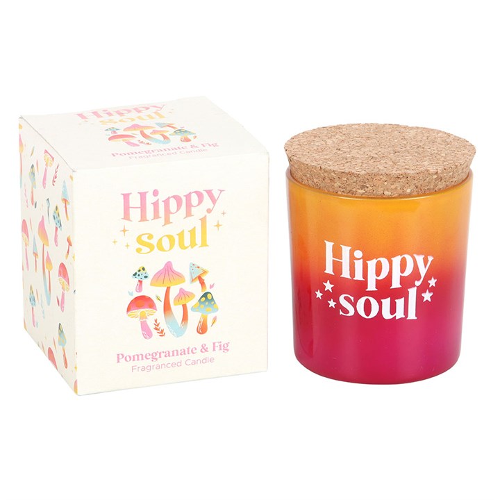 Hippy Soul Pomegranate and Fig candle with a cork top and vibrant box, available for purchase from Hippy Soul candles online