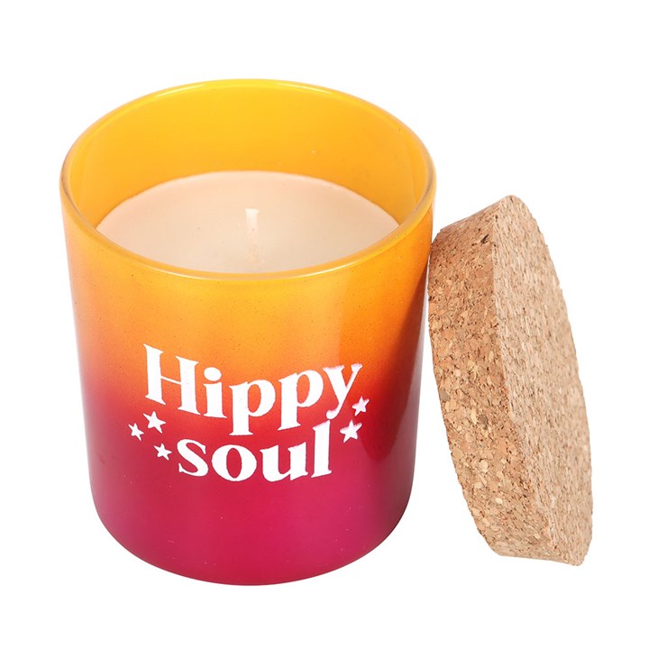 Hippy Soul pomegranate and fig candle with a vibrant gradient container, available for purchase as Hippy Soul candles online at Kimchi Toki.
