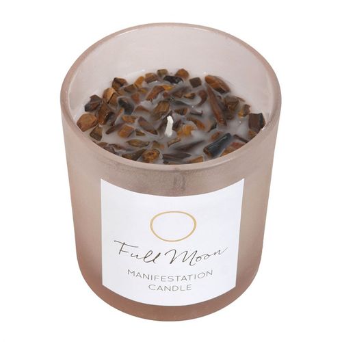 Moon eucalyptus manifestation candle with Tiger's Eye crystals, featuring a stylish frosted container from Kimchi Toki.