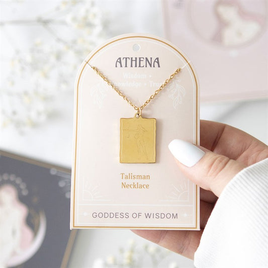 Athena Talisman Necklace featuring a gold pendant depicting the Goddess of Wisdom, beautifully presented in a gift package