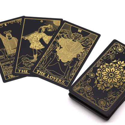 Gold foil tarot deck with a companion guidebook in a luxury gift box – ideal for spiritual seekers, collectors & tarot enthusiasts.

