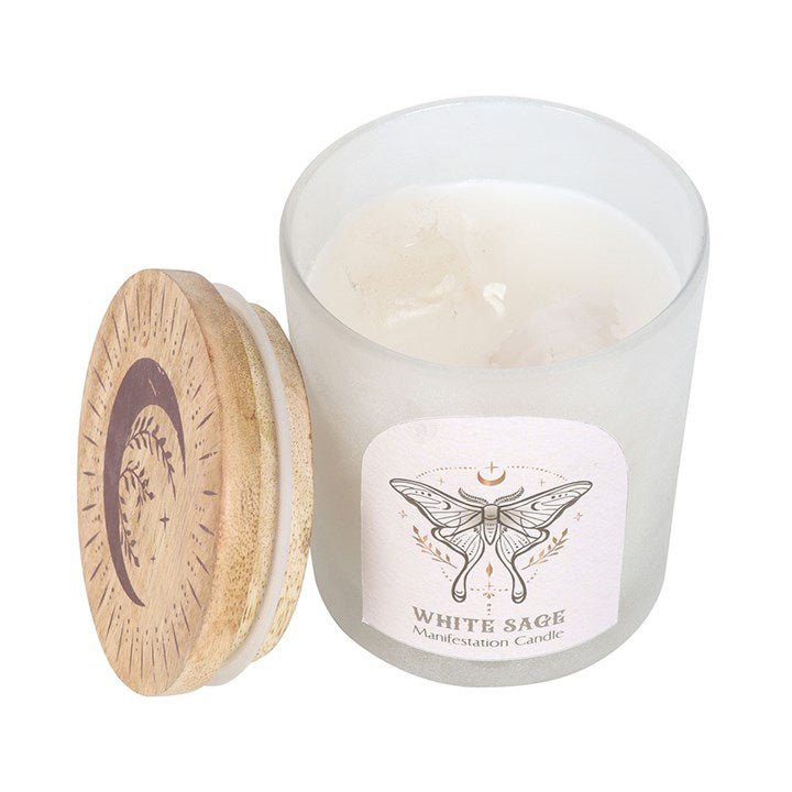 Luna Moth manifestation candle with clear quartz crystals in a chic glass container, perfect for the best manifestation candles for meditation.