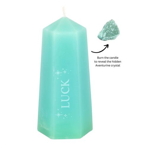 Green Aventurine Candle for Positive Energy in a hexagonal shape with the word Luck, revealing a crystal as it burns