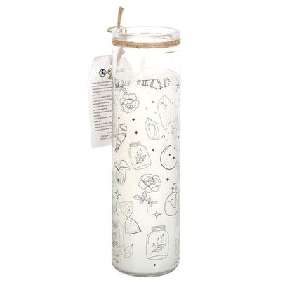 White sage scented candle with Spiritual Symbols in a decorative glass container for spiritual ambiance
