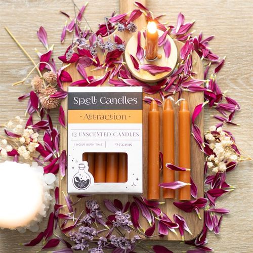 Attraction Spell Candle Kit featuring 12 unscented candles arranged with dried petals, enhancing your spiritual practices