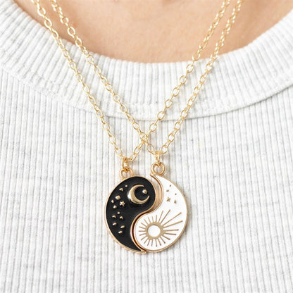 Yin Yang Best Friend Necklace pair with gold chains, featuring black and white pendants symbolizing harmony and friendship
