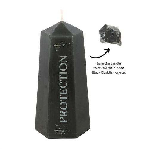 Protection crystal candle in black with engraved PROTECTION text, revealing a hidden rough black obsidian crystal inside.