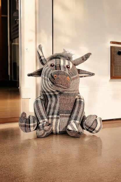 Grey Fabric Tartan Bull Doorstop 30cm