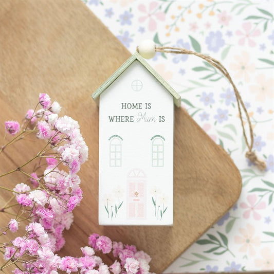 Charming hanging house decoration featuring the phrase Home is where mum is decor, adorned with flowers and pastel colors