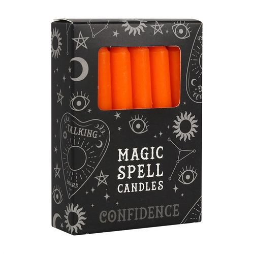Set of 12 orange spell candles for confidence displayed in a stylish black box with mystical designs