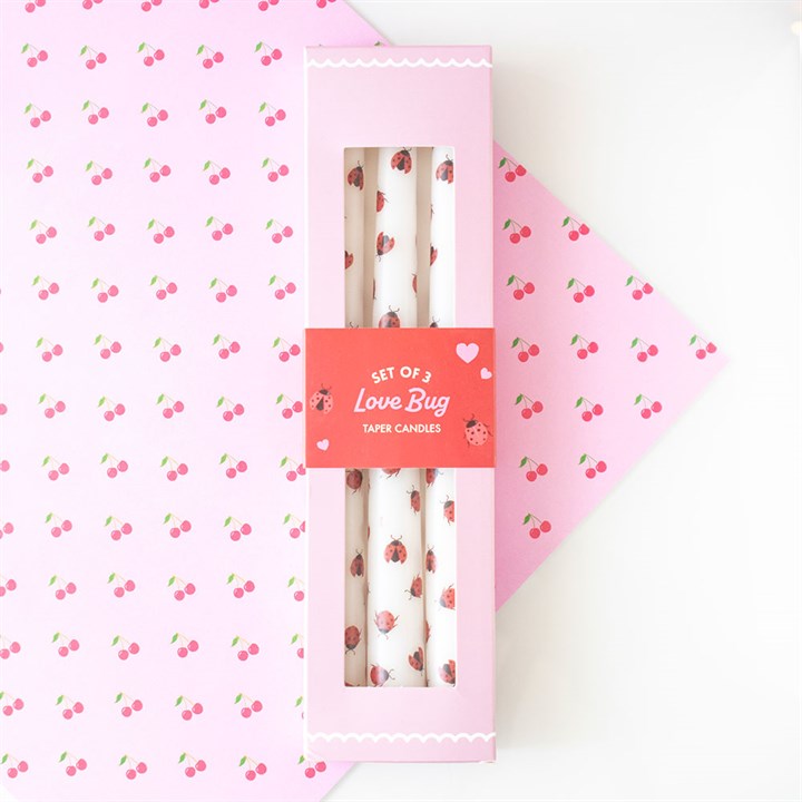 Set of 3 Love Bug Ladybird Candles in pink packaging featuring cheerful ladybug designs ideal for home decor