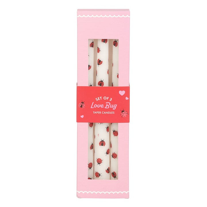 Set of 3 Love Bug ladybird candles in a pink box with cute ladybug designs for home decor and gifting