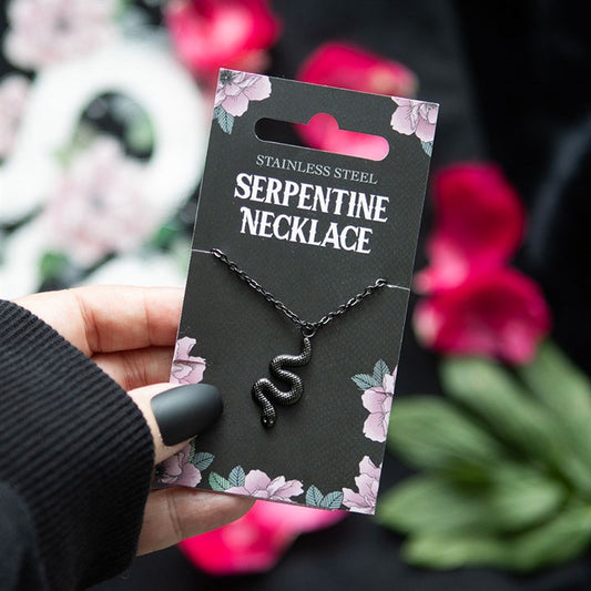 Stylish Snake Pendant Necklace displayed on a floral card, showcasing its unique serpentine design and stainless steel finish.