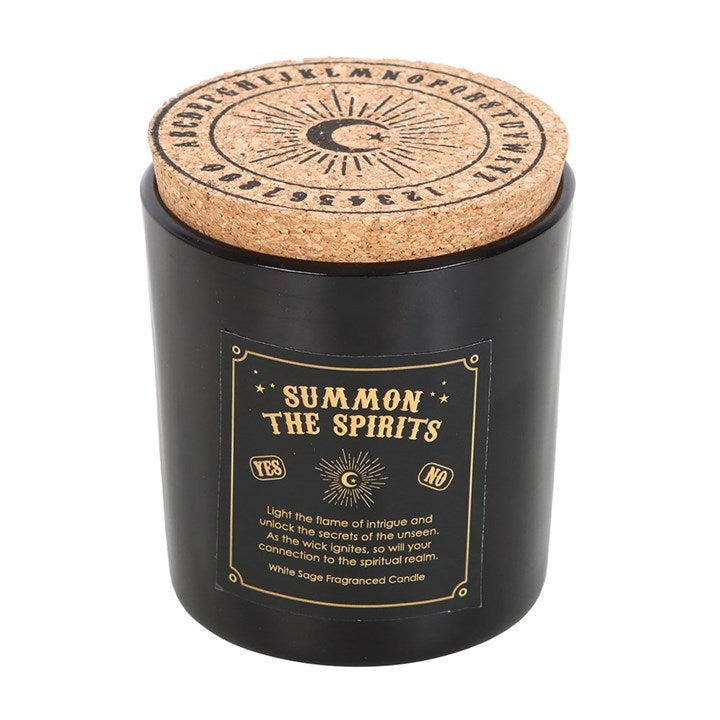 Black candle with cork lid featuring a spirit board design.