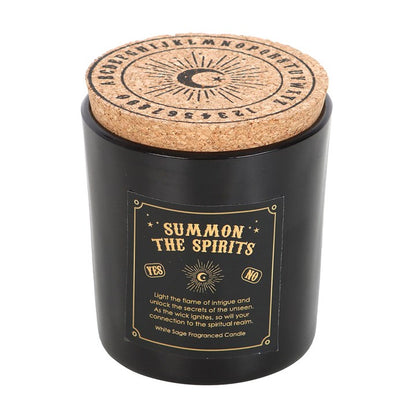 Black candle with cork lid featuring a spirit board design.