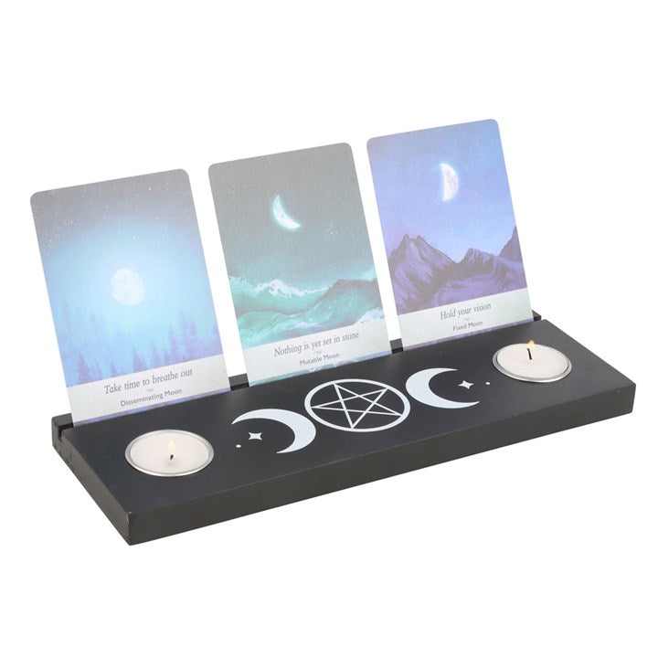 Stylish black tarot card stand tealight holder displaying three tarot cards and two tealight positions, perfect for spiritual decor