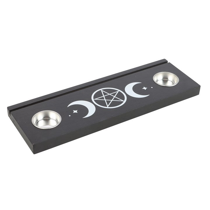 Elegant black tarot card stand tealight holder featuring a triple moon design and two candle holders for mystic decor