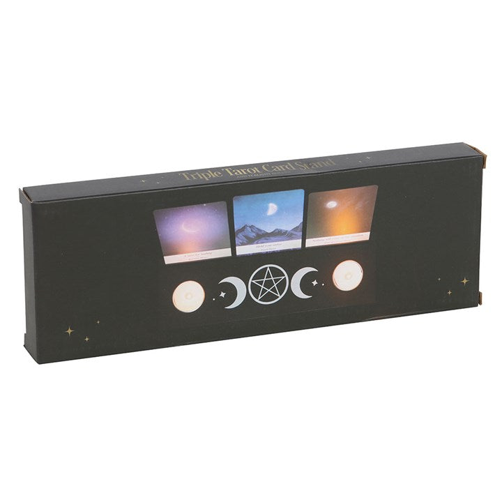 Elegant black tarot card stand tealight holder featuring a triple moon design, perfect for displaying cards and adding ambiance.