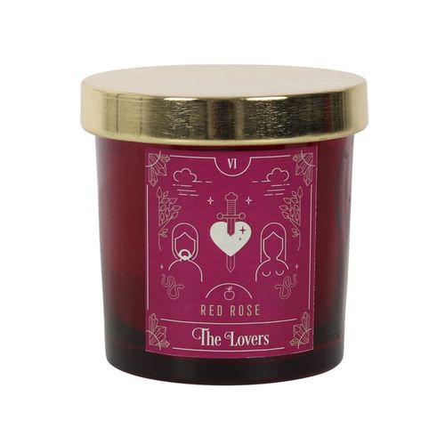 Lovers Tarot candle in a red glass jar with a gold lid, featuring a charming illustration of The Lovers tarot card