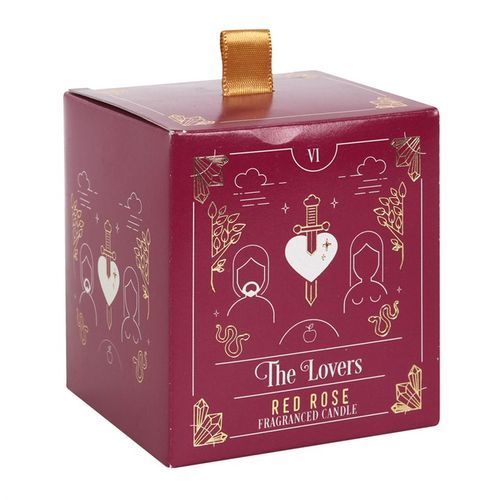 The Lovers Tarot candle in a beautifully designed box featuring red rose graphics, perfect for spiritual rituals.